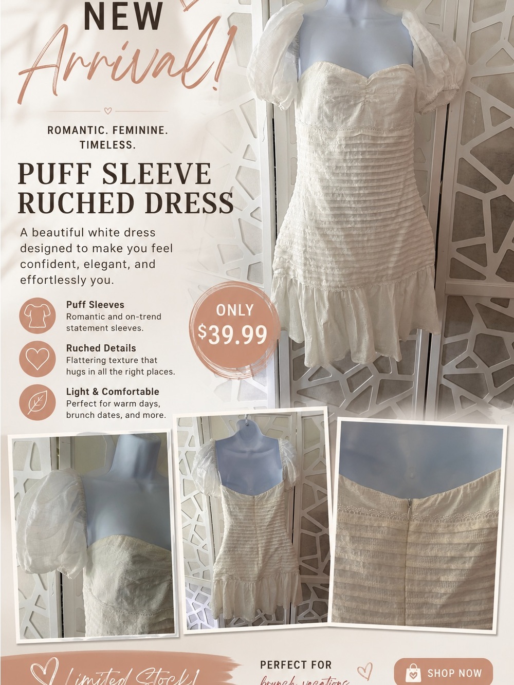 Hello Molly Cream Puff Sleeve Ruched Mini Dress